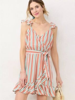 NWT LC Lauren Conrad Coral and Teal Striped Faux-Wrap Dress